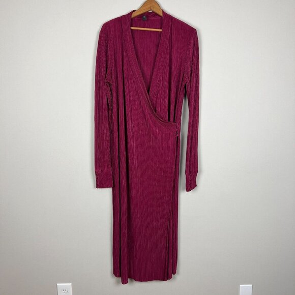 YAS Wrap Dress Womens Medium Wine Maxi Long Sleeve Ribbed V-Neck Slinky Stretch - Picture 1 of 13